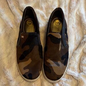 Michael Kors Brown & Black Camo Calf Hair Slip-On Sneakers